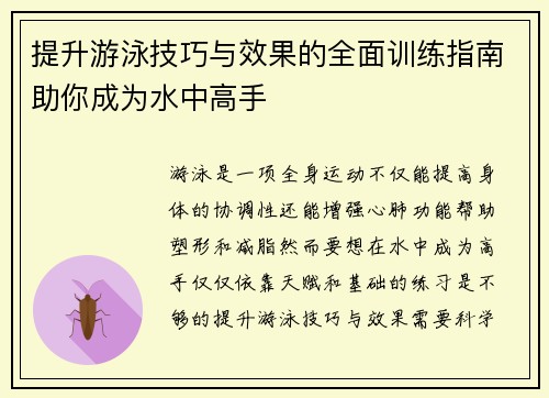 提升游泳技巧与效果的全面训练指南助你成为水中高手