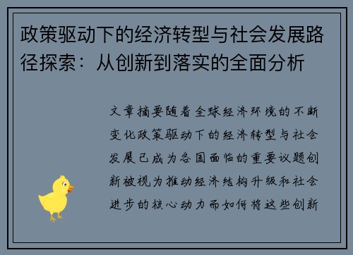 政策驱动下的经济转型与社会发展路径探索：从创新到落实的全面分析
