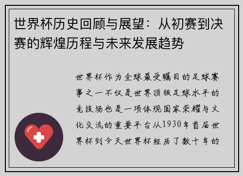 世界杯历史回顾与展望：从初赛到决赛的辉煌历程与未来发展趋势