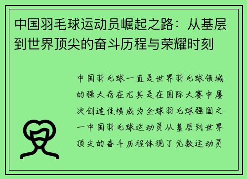 中国羽毛球运动员崛起之路：从基层到世界顶尖的奋斗历程与荣耀时刻