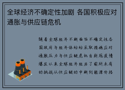 全球经济不确定性加剧 各国积极应对通胀与供应链危机