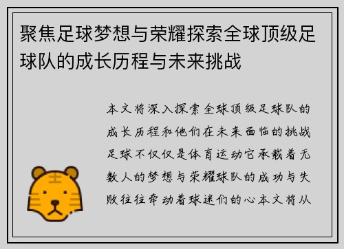 聚焦足球梦想与荣耀探索全球顶级足球队的成长历程与未来挑战