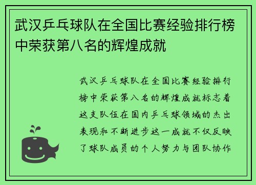 武汉乒乓球队在全国比赛经验排行榜中荣获第八名的辉煌成就